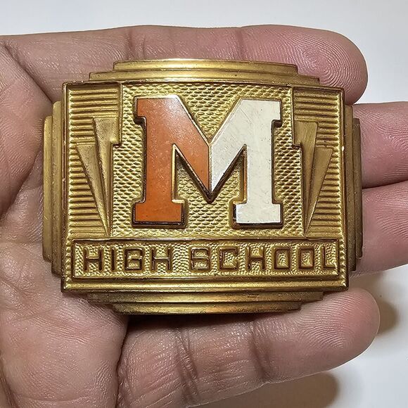 Vintage Invisible Made In The Usa Brass Belt Buckle "M HIGHSCHOOL" Orange White - Picture 1 of 9